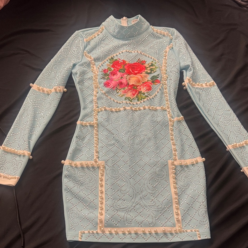 Fashion Nova Light Blue Floral Pearl Dress